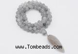 GMN4049 Hand-knotted 8mm, 10mm cloudy quartz 108 beads mala necklace with pendant
