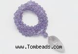 GMN4053 Hand-knotted 8mm, 10mm amethyst 108 beads mala necklace with pendant