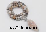 GMN4064 Hand-knotted 8mm, 10mm bamboo leaf agate 108 beads mala necklace with pendant