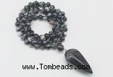 GMN4069 Hand-knotted 8mm, 10mm black banded agate 108 beads mala necklace with pendant