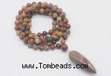 GMN4077 Hand-knotted 8mm, 10mm picasso jasper 108 beads mala necklace with pendant