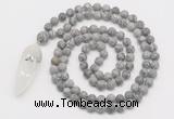 GMN4219 Hand-knotted 8mm, 10mm matte grey picture jasper 108 beads mala necklace with pendant