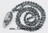 GMN4221 Hand-knotted 8mm, 10mm matte snowflake obsidian 108 beads mala necklace with pendant