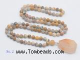 GMN4411 Hand-knotted 8mm, 10mm matte yellow crazy agate 108 beads mala necklace with pendant