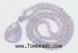 GMN4602 Hand-knotted 8mm, 10mm lavender amethyst 108 beads mala necklace with pendant