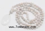 GMN4660 Hand-knotted 8mm, 10mm white crazy agate 108 beads mala necklace with pendant