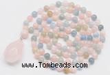 GMN4819 Hand-knotted 8mm, 10mm morganite 108 beads mala necklace with pendant