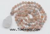 GMN4821 Hand-knotted 8mm, 10mm moonstone 108 beads mala necklace with pendant