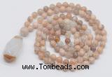 GMN4823 Hand-knotted 8mm, 10mm sunstone 108 beads mala necklace with pendant