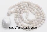 GMN4829 Hand-knotted 8mm, 10mm white crazy agate 108 beads mala necklace with pendant