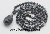 GMN4843 Hand-knotted 8mm, 10mm black banded agate 108 beads mala necklace with pendant