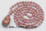 GMN4853 Hand-knotted 8mm, 10mm pink wooden jasper 108 beads mala necklace with pendant