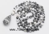 GMN4865 Hand-knotted 8mm, 10mm black & white jasper 108 beads mala necklace with pendant