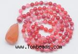 GMN4906 Hand-knotted 8mm, 10mm red banded agate 108 beads mala necklace with pendant