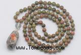 GMN4926 Hand-knotted 8mm, 10mm unakite 108 beads mala necklace with pendant