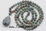 GMN4929 Hand-knotted 8mm, 10mm African turquoise 108 beads mala necklace with pendant