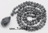 GMN4930 Hand-knotted 8mm, 10mm snowflake obsidian 108 beads mala necklace with pendant