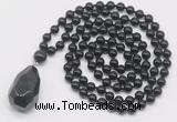 GMN4932 Hand-knotted 8mm, 10mm black tourmaline 108 beads mala necklace with pendant