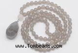 GMN5007 Hand-knotted 8mm, 10mm matte grey agate 108 beads mala necklace with pendant