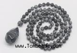 GMN5022 Hand-knotted 8mm, 10mm matte snowflake obsidian 108 beads mala necklace with pendant