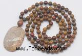 GMN5062 Hand-knotted 8mm, 10mm red moss agate 108 beads mala necklace with pendant