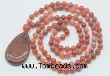 GMN5093 Hand-knotted 8mm, 10mm fire agate 108 beads mala necklace with pendant