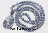 GMN5095 Hand-knotted 8mm, 10mm blue spot stone 108 beads mala necklace with pendant