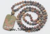 GMN5121 Hand-knotted 8mm, 10mm matte picasso jasper 108 beads mala necklace with pendant