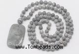 GMN5124 Hand-knotted 8mm, 10mm matte grey picture jasper 108 beads mala necklace with pendant