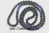 GMN6014 Knotted 8mm, 10mm black lava & lapis lazuli 108 beads mala necklace with charm