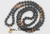 GMN6015 Knotted 8mm, 10mm black lava & yellow tiger eye 108 beads mala necklace with charm