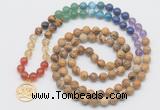 GMN6025 Knotted 7 Chakra 8mm, 10mm picture jasper 108 beads mala necklace with charm
