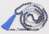 GMN6100 Knotted 8mm, 10mm amethyst, white crystal & lapis lazuli 108 beads mala necklace with tassel