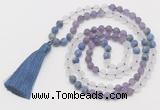 GMN6101 Knotted 8mm, 10mm matte amethyst, white crystal & lapis lazuli 108 beads mala necklace with tassel