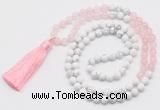 GMN6102 Knotted 8mm, 10mm rose quartz & white howlite 108 beads mala necklace with tassel