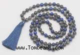 GMN6112 Knotted 8mm, 10mm black labradorite & lapis lazuli 108 beads mala necklace with tassel