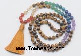 GMN6124 Knotted 7 Chakra 8mm, 10mm yellow tiger eye 108 beads mala necklace with tassel