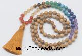 GMN6125 Knotted 7 Chakra 8mm, 10mm picture jasper 108 beads mala necklace with tassel