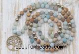 GMN6144 Knotted 8mm, 10mm matte amazonite & picture jasper 108 beads mala necklace with charm