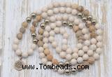 GMN6145 Knotted 8mm, 10mm white fossil jasper & picture jasper 108 beads mala necklace with charm