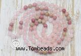 GMN6151 Knotted 8mm, 10mm rose quartz & pink wooden jasper 108 beads mala necklace with charm