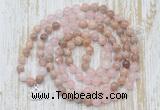 GMN6155 Knotted 8mm, 10mm sunstone, rose quartz & white jade 108 beads mala necklace with charm