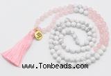 GMN6202 Knotted rose quartz & white howlite 108 beads mala necklace with tassel & charm