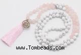 GMN6203 Knotted matte rose quartz & white howlite 108 beads mala necklace with tassel & charm