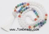 GMN6219 Knotted 7 Chakra white jade 108 beads mala necklace with tassel & charm