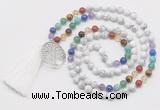 GMN6221 Knotted 7 Chakra white howlite 108 beads mala necklace with tassel & charm
