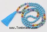 GMN6240 Knotted 7 Chakra 8mm, 10mm turquoise 108 beads mala necklace with tassel