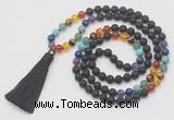 GMN6243 Knotted 7 Chakra 8mm, 10mm black lava 108 beads mala necklace with tassel