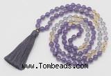 GMN6253 Knotted 8mm, 10mm amethyst, citrine & white crystal 108 beads mala necklace with tassel