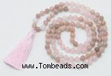 GMN6255 Knotted 8mm, 10mm sunstone, rose quartz & white jade 108 beads mala necklace with tassel